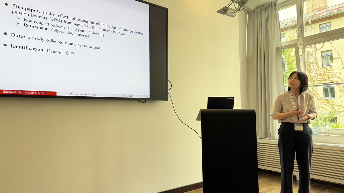 ROCKWOOL Foundation Berlin (@rf_berlin) on Twitter photo Our next speaker is Si Xu (UCL, <a href="/CReAM_Research/">CReAM</a> and CREPE) presenting “Effects of Raising Pension Eligibility Age on Labor Supply: Evidence from Japanese Tax Records”. #EconomicsOfAging Our next speaker is Si Xu (UCL, <a href="/CReAM_Research/">CReAM</a> and CREPE) presenting “Effects of Raising Pension Eligibility Age on Labor Supply: Evidence from Japanese Tax Records”. #EconomicsOfAging