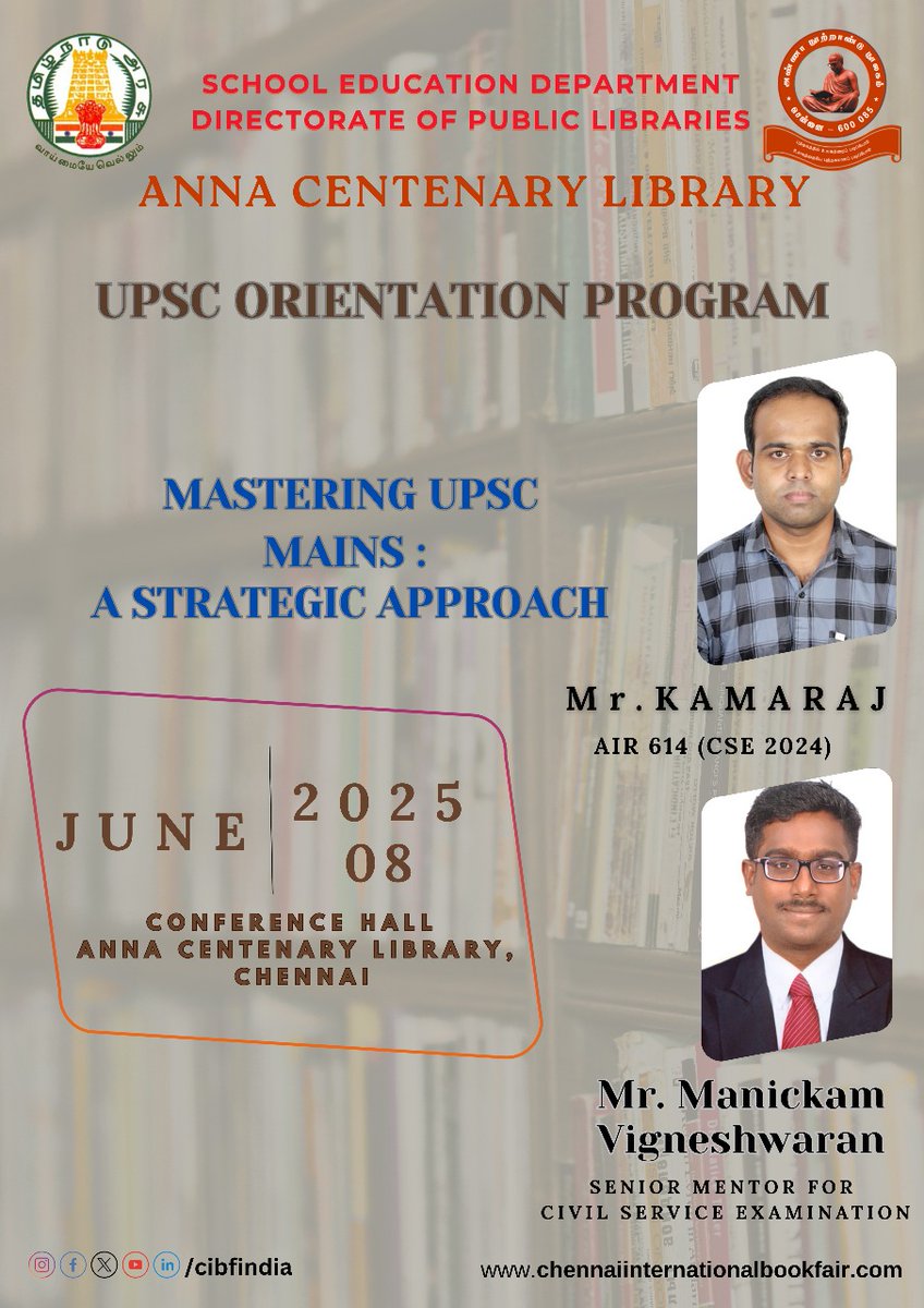 ACLChennai's tweet image. 📢 UPSC Aspirants!
Join us on 8 June 2025 at Anna Centenary Library for
🎯 Mastering UPSC Mains: A Strategic Approach
With Kamaraj (AIR 614, CSE 2024) &amp;amp; mentor Manickam Vigneshwaran
📍 Conf. Hall | Free Entry
#UPSC2025 #IASPrep #AnnaCentenaryLibrary