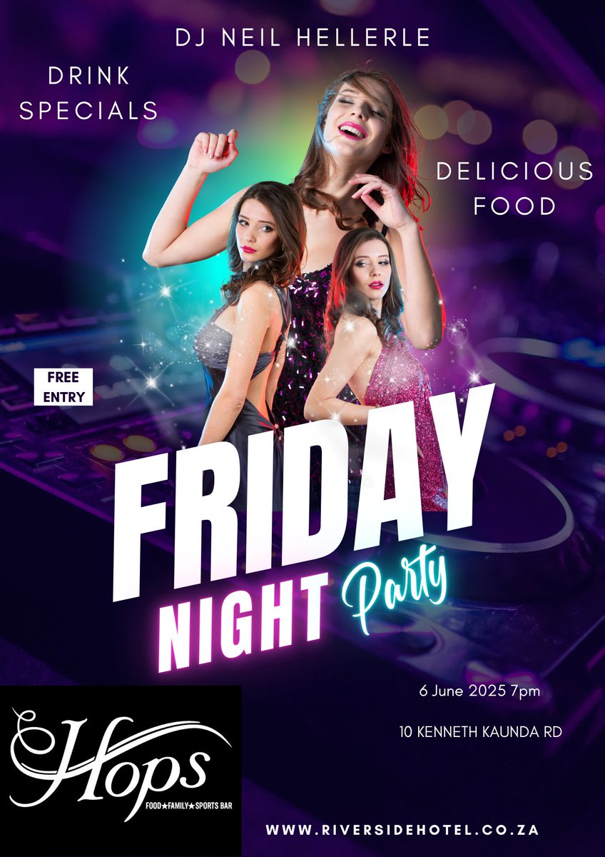 Friday Party 6 June 2025. DJ Neil Hellerle In The Mix. pm till midnight. Hops Riverside is the premier venue of choice in Durban situated in the province of KZN in South Africa. Situated adjacent to the Riverside Hotel. The venue caters for most sporting events on the big screen
