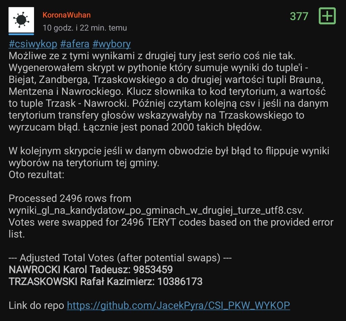 Wygląda na to, że gdyby nie wałek przy użyciu apki Mateckiego, wyniki wyborów wyglądałyby następująco:
- Karol Nawrocki 9 853 459
- Rafał Trzaskowski 10 386 173

Coś czuję, że będzie grubo. Please follow and stay tuned.