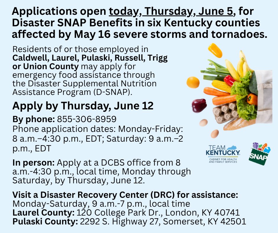 Applications now open! D-SNAP Assistance Available for Kentuckians Impacted by May 16 Severe Storms -- Apply by June 12! For more information on D-SNAP, visit chfs.ky.gov/agencies/dcbs/…

#TeamKentucky #DSNAP #StormRelief