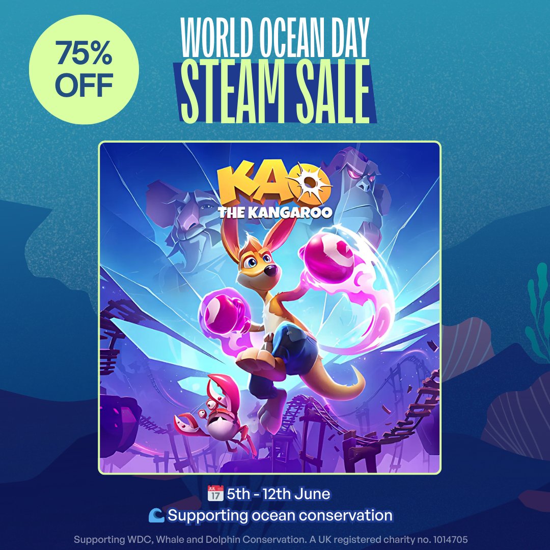 Kao The Kangaroo (@kaothekangaroo) on Twitter photo 🚨 Live Now! The #WorldOceanDay Steam sale is here! 🌊 Score epic deals on KAO games & more while helping <a href="/whalesorg/">Whale and Dolphin Conservation (WDC)</a> protect marine life. 🐳
🎮 Shop now: bit.ly/WODSale25
<a href="/GamesForWaves/">Games For Waves</a> #WODFEST 🚨 Live Now! The #WorldOceanDay Steam sale is here! 🌊 Score epic deals on KAO games & more while helping <a href="/whalesorg/">Whale and Dolphin Conservation (WDC)</a> protect marine life. 🐳
🎮 Shop now: bit.ly/WODSale25
<a href="/GamesForWaves/">Games For Waves</a> #WODFEST