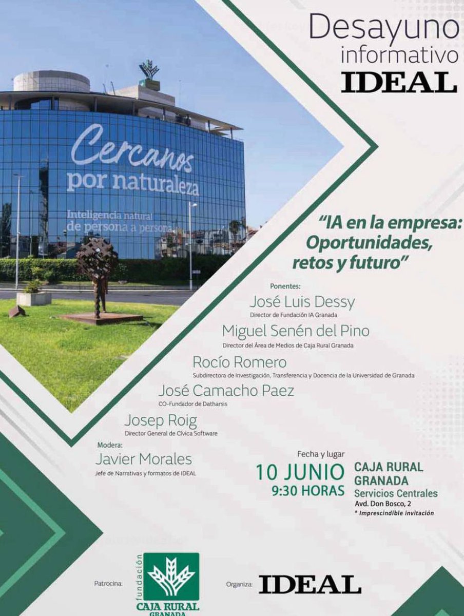 DaSCI-Instituto Andaluz de Inteligencia Artificial (@dasci_es) on Twitter photo 🗓️Martes 10 de junio
📍Servicios centrales Caja Rural
Desayuno Informativo <a href="/ideal_granada/">ideal_granada</a> "IA en la empresa: Oportunidades, retos y futuro" con a participación de nuestra compañera <a href="/RCRZ_UGR/">Rocío Romero Zaliz 🇦🇷🇪🇸</a> <a href="/DaSCI_es/">DaSCI-Instituto Andaluz de Inteligencia Artificial</a> y José Luis Dessy, director de <a href="/AIGranadaFund/">Fundación AI Granada</a> entre otros destacados ponentes 🗓️Martes 10 de junio
📍Servicios centrales Caja Rural
Desayuno Informativo <a href="/ideal_granada/">ideal_granada</a> "IA en la empresa: Oportunidades, retos y futuro" con a participación de nuestra compañera <a href="/RCRZ_UGR/">Rocío Romero Zaliz 🇦🇷🇪🇸</a> <a href="/DaSCI_es/">DaSCI-Instituto Andaluz de Inteligencia Artificial</a> y José Luis Dessy, director de <a href="/AIGranadaFund/">Fundación AI Granada</a> entre otros destacados ponentes