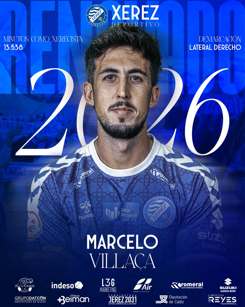 OFICIAL 🔵 | El capitán 𝑴𝒂𝒓𝒄𝒆𝒍𝒐 seguirá liderando al #XerezDeportivo una temporada más
 
🔹 Tras más de 13.000 minutos disputados, el lateral diestro afrontará su octava temporada vistiendo la camiseta azulina

Más info ℹ️ tinyurl.com/5n7ehktd