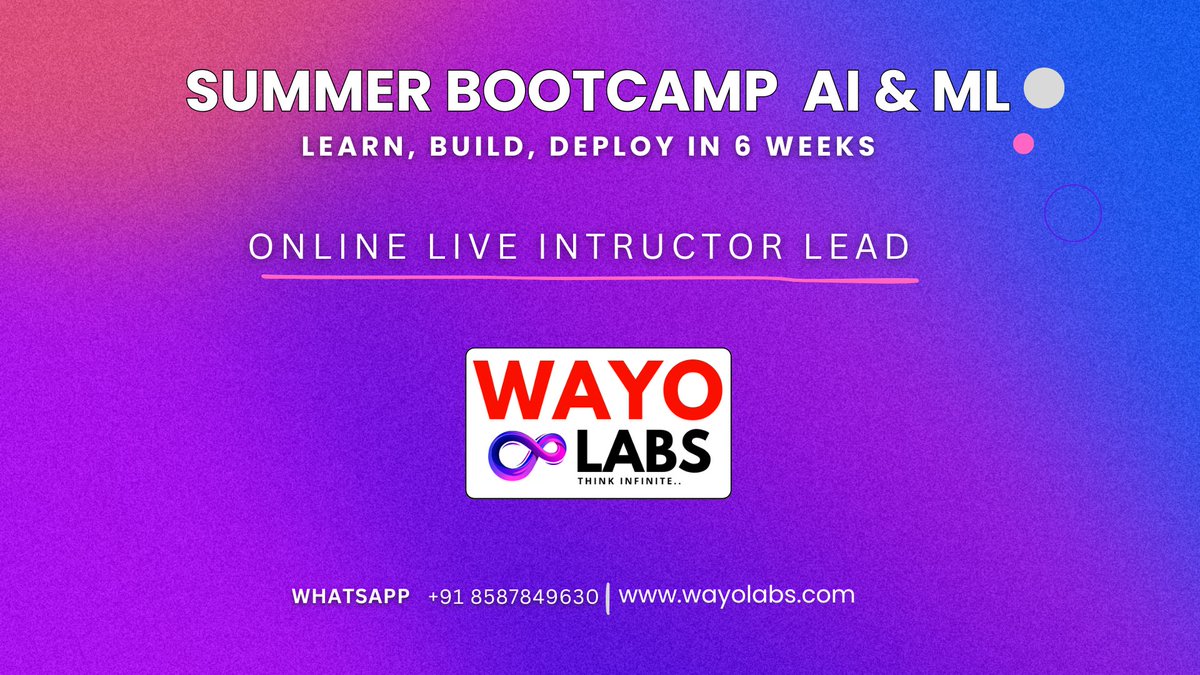 Amit Saini 🇮🇳 (@amitsainidotin) on Twitter photo 🚀 AI-ML Summer Bootcamp by <a href="/WayoLabs/">WAYO LABS (Formerly Waayoo India)</a>
📍 Live Online
🎯 For Engineering Students
🔬 AI, ML, Neural Networks, PyTorch, Projects
📅 1.5 Month Intensive
🎓 Get trained by AI experts!
👉 Apply Now: wayolabs.com/coding/trainin…
#AI #MachineLearning #SummerCamp 🚀 AI-ML Summer Bootcamp by <a href="/WayoLabs/">WAYO LABS (Formerly Waayoo India)</a>
📍 Live Online
🎯 For Engineering Students
🔬 AI, ML, Neural Networks, PyTorch, Projects
📅 1.5 Month Intensive
🎓 Get trained by AI experts!
👉 Apply Now: wayolabs.com/coding/trainin…
#AI #MachineLearning #SummerCamp