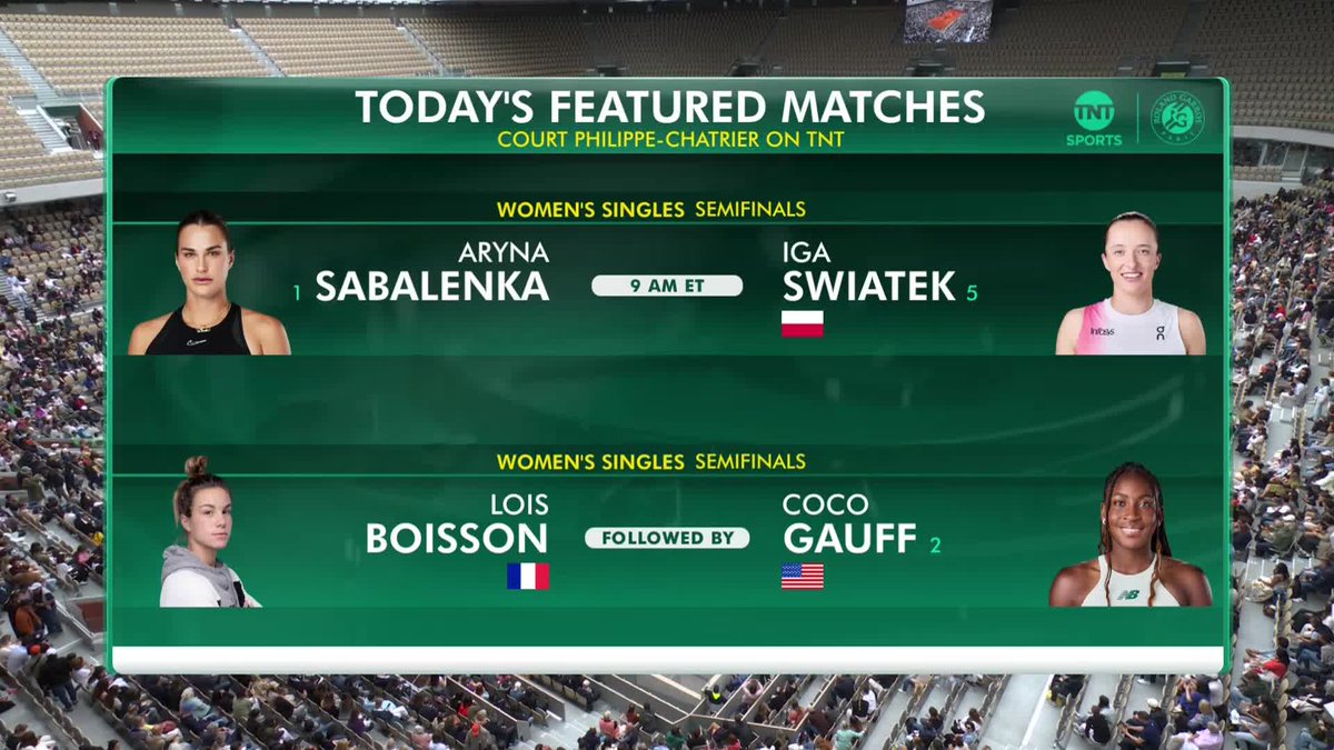 TNT Sports U.S. PR (@tntsportsus) on Twitter photo 🚨: <a href="/rolandgarros/">Roland-Garros</a> Women’s Singles Semifinals!
🎾: (1) Aryna Sabalenka vs. (5) Iga Świątek
🎾: (2) Coco Gauff vs. Lois Boisson
📍: Court Philippe-Chatrier
🕘: First match at 9am ET
📺: TNT and Max 🚨: <a href="/rolandgarros/">Roland-Garros</a> Women’s Singles Semifinals!
🎾: (1) Aryna Sabalenka vs. (5) Iga Świątek
🎾: (2) Coco Gauff vs. Lois Boisson
📍: Court Philippe-Chatrier
🕘: First match at 9am ET
📺: TNT and Max