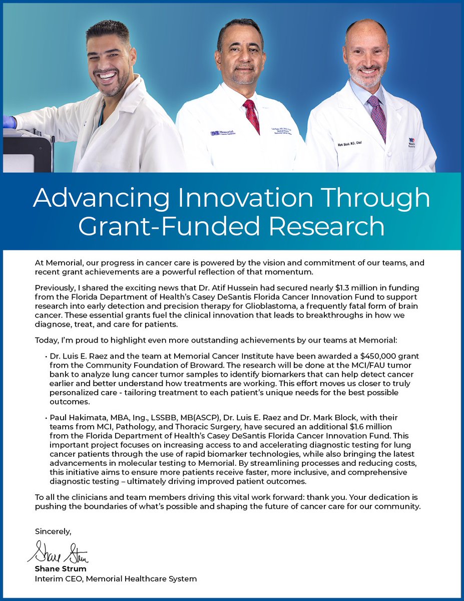 Dr. Luis E. Raez (@luisraezmd) on Twitter photo We at <a href="/mhshospital/">Memorial Healthcare System</a> <a href="/MCIStrong/">Memorial Cancer Institute</a> want to give thanks to the <a href="/CaseyDeSantis/">Casey DeSantis</a> Florida Innovation fund from Florida Department of Health <a href="/HealthyFla/">Florida Dept. of Health</a> for awarding us 1.6 million dollars for #lungcancer research that will help accelerate and improve diagnosis and testing. We also want We at <a href="/mhshospital/">Memorial Healthcare System</a> <a href="/MCIStrong/">Memorial Cancer Institute</a> want to give thanks to the <a href="/CaseyDeSantis/">Casey DeSantis</a> Florida Innovation fund from Florida Department of Health <a href="/HealthyFla/">Florida Dept. of Health</a> for awarding us 1.6 million dollars for #lungcancer research that will help accelerate and improve diagnosis and testing. We also want