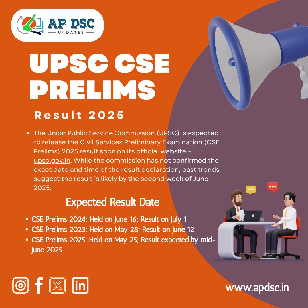 ApDsc's tweet photo. UPSC CSE Prelims 2025 results to be announced soon at https://t.co/Cm5aRSOOOS. Check expected date, selection process, and result download steps. Stay updated!

View Notification :https://t.co/sgqFXC6xVo
Visit the Official Website :https://t.co/zp8Cnl2sfa

#UPSC2025 #CSEPrelims https://t.co/rnpxlQIEgf