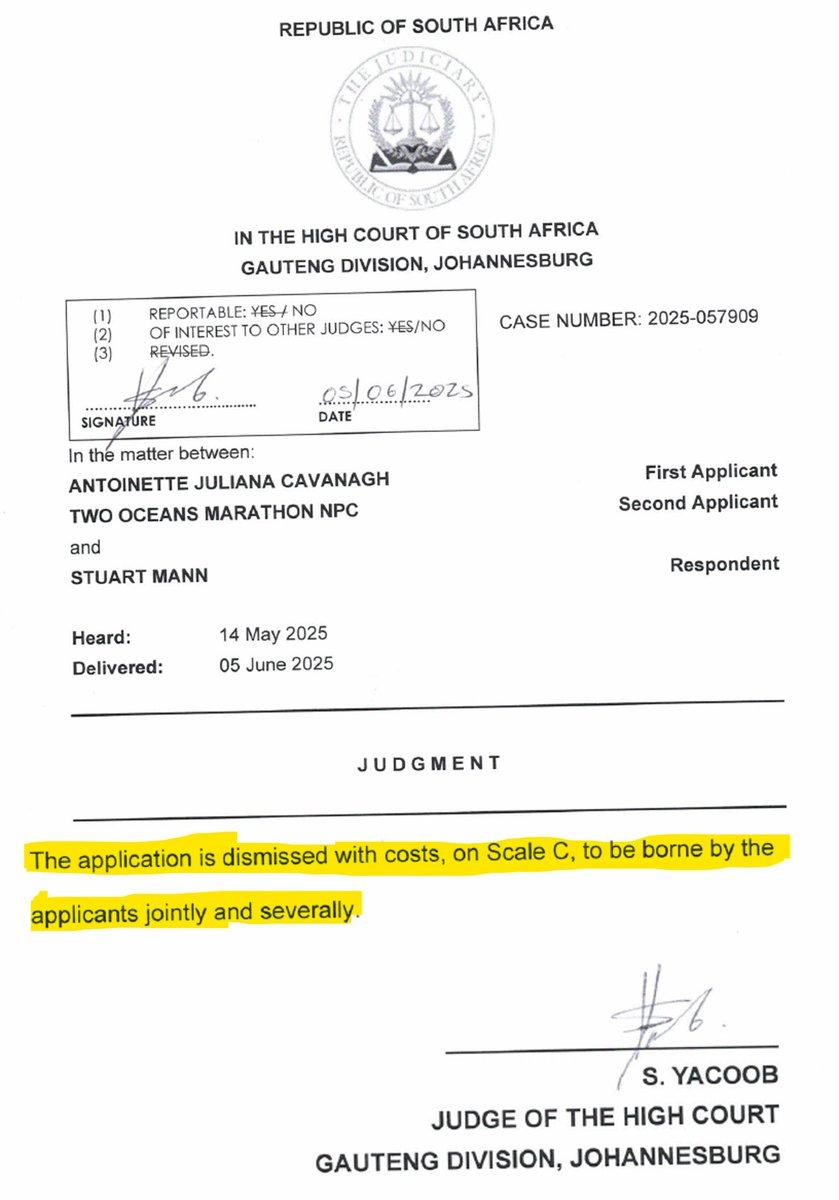 runningmann100's tweet image. VICTORY
It’s a win for the runners and a big smackdown for negligence, incompetence and fragile egos. The ruling in Cavanagh v Mann has just come though. The Honourable Judge Yacoob ruled emphatically against Cavanagh and the Two Oceans NPC granting a costs order on scale C...