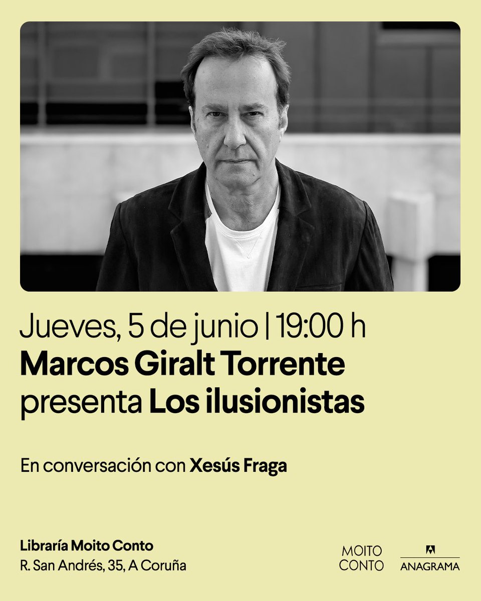 Hoxe presentación de Los ilusionistas de Marcos Giralt Torrente que estará acompañado de Xesús Fraga. 
Vaia luxo escoitar a dous Premios Nacionais de Narrativa conversar sobre literatura 💫
Será ás 19H