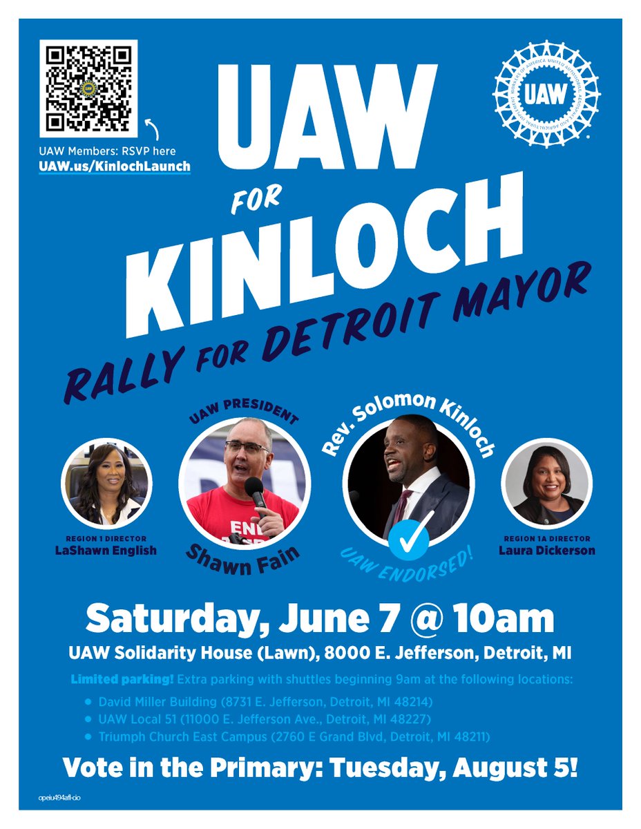 UAWLocal1264's tweet photo. UAW stands with Rev. Solomon Kinloch for Detroit Mayor!
📅 Sat, June 7 @ 10AM
📍 UAW Solidarity House (8000 E. Jefferson, Detroit)
🅿️ Shuttle parking begins at 9AM
🗳️ Vote: Tues, Aug 5!
🔗 RSVP: https://t.co/KFrIDnGt7z
#UAW #KinlochForMayor #DetroitVotes #Solidarity https://t.co/lAlainZOEN