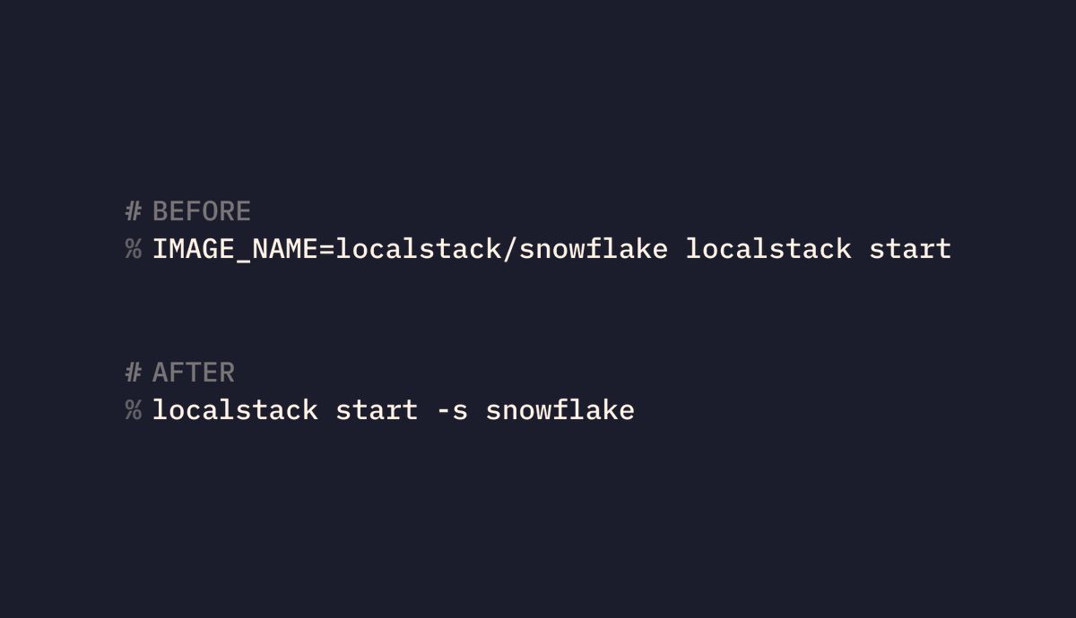 gtsiolis's tweet image. #LocalStack for #Snowflake 1.0 shipped last week, and I couldn&apos;t resist adding a CLI option to select the Snowflake image.

% localstack start --stack image:version

› 44 fewer characters to type.
› No more environment variables.
› Future-proof for more cloud emulators.
›…