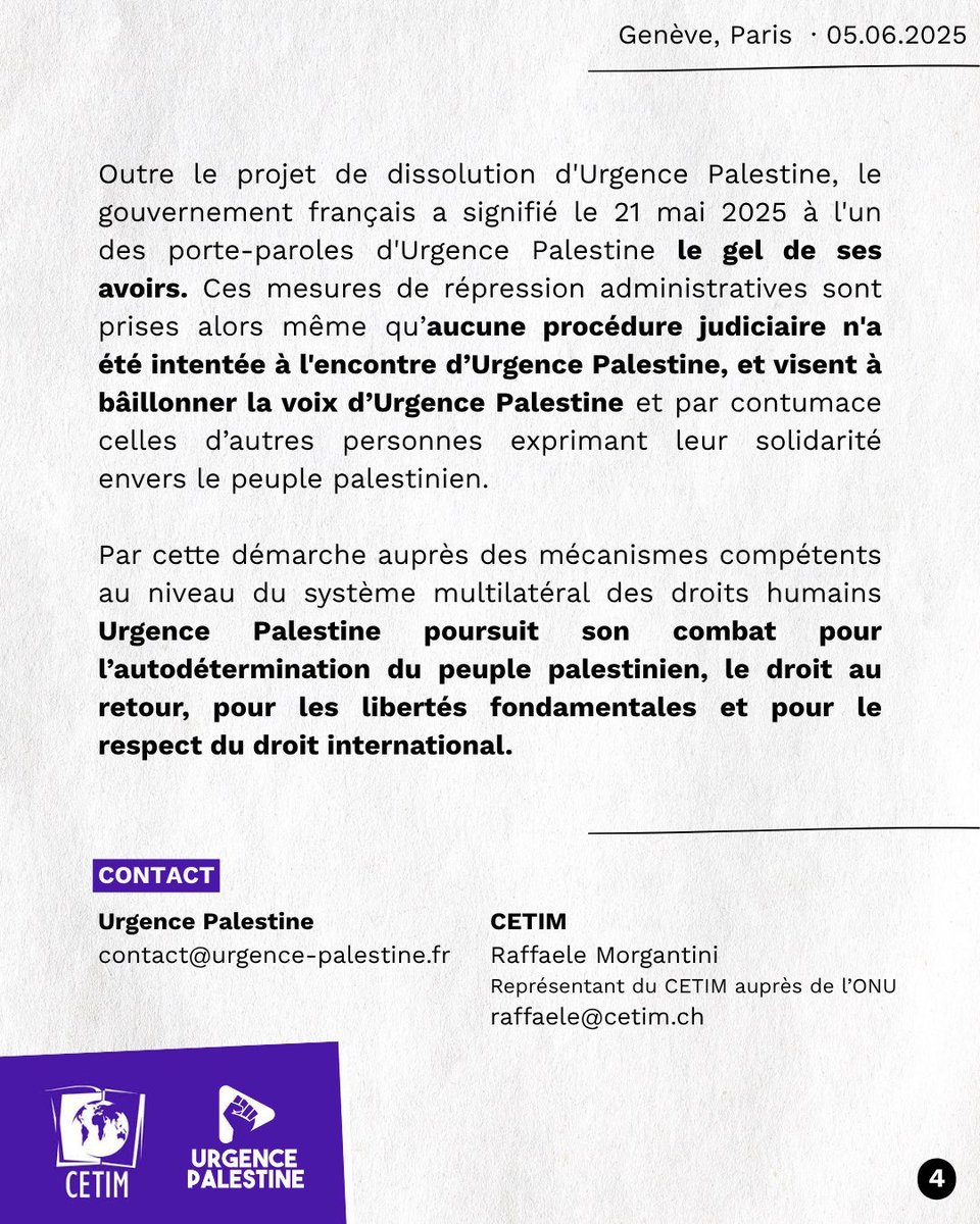 urgence_pal's tweet image. Urgence Palestine entend mener par tous les moyens que le droit met à sa disposition le combat pour le droit et les libertés fondamentales, et contre la censure des voix palestiniennes et de toutes celles qui s'élèvent contre le génocide en Palestine. 

#stopdissolution #cetim