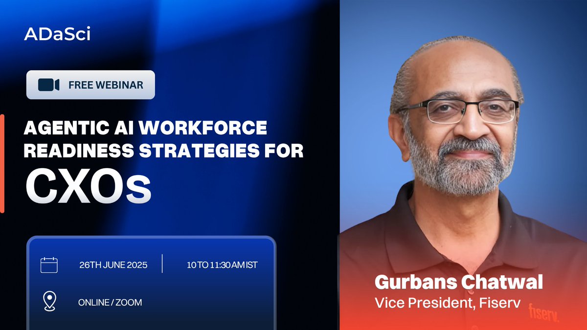 Agentic AI is reshaping work—Is your org ready?
Join ADaSci’s webinar with Gurbans Chatwal, VP at Fiserv, to learn how CXOs can prepare their workforce for AI-driven autonomy.

Register now &amp; lead the future!
adasci.org/product/agenti…

#agenticai #workforce