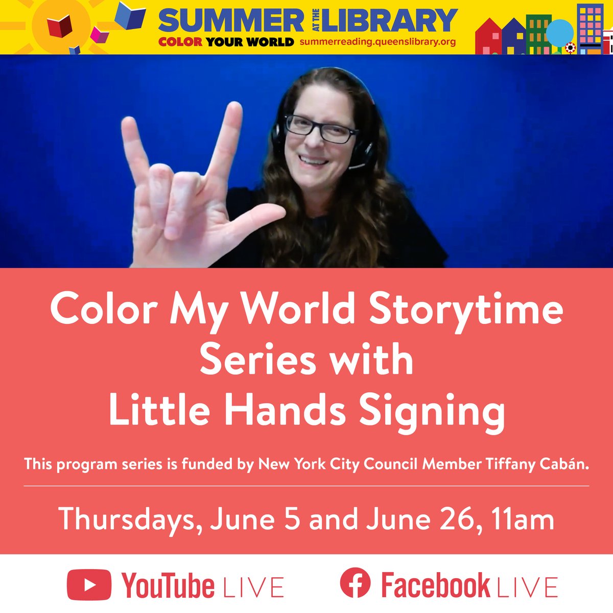 Kick off #SummerReading season with our good friend Kathy MacMillan! 
Sing, sign, play, and learn basic American Sign Language during these fun, hands-on ASL storytimes for the whole family! 
Watch live on Thursday, June 5 at 11AM.
facebook.com/QPLNYC/videos 
youtube.com/live/5HsPhkD96…
