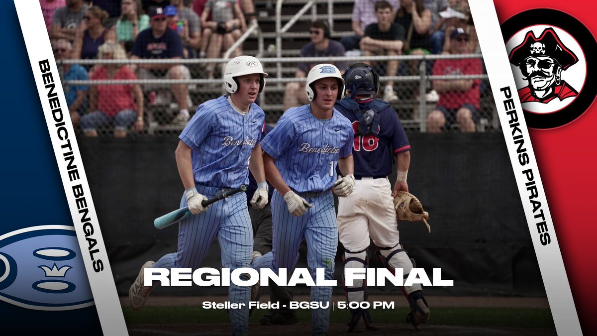 GAMEDAY! The Benedictine Bengals take on the Perkins Pirates today in the REGIONAL FINAL at Steller Field, BGSU. First pitch at 5:00 PM. Buy tickets in advance at ohsaa.org/tickets.

Let's go Bengals!