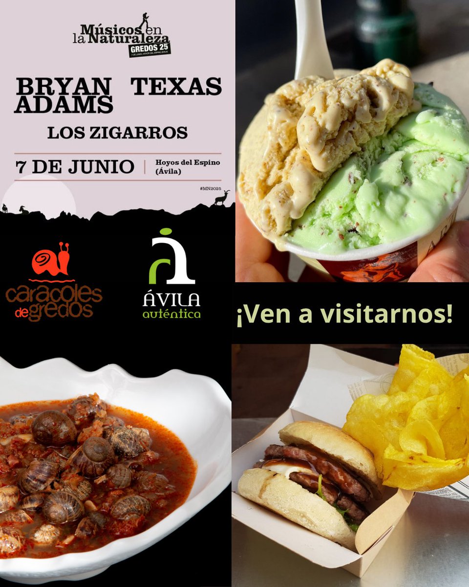 Este sábado ¡nos vamos a <a href="/GredosMN/">Músicos Naturaleza</a> ! 🎶🌿
Como sabemos que en el campo no siempre apetece pringarse con caracoles, además llevamos:
🍔 Hamburguesas de <a href="/Avilaautentica1/">Ávila Auténtica.</a> 
🍨 Helados artesanos 
🐌 Y, por supuesto, ¡nuestros caracoles!
#CaracolesDeGredos #MusicosEnLaNaturaleza