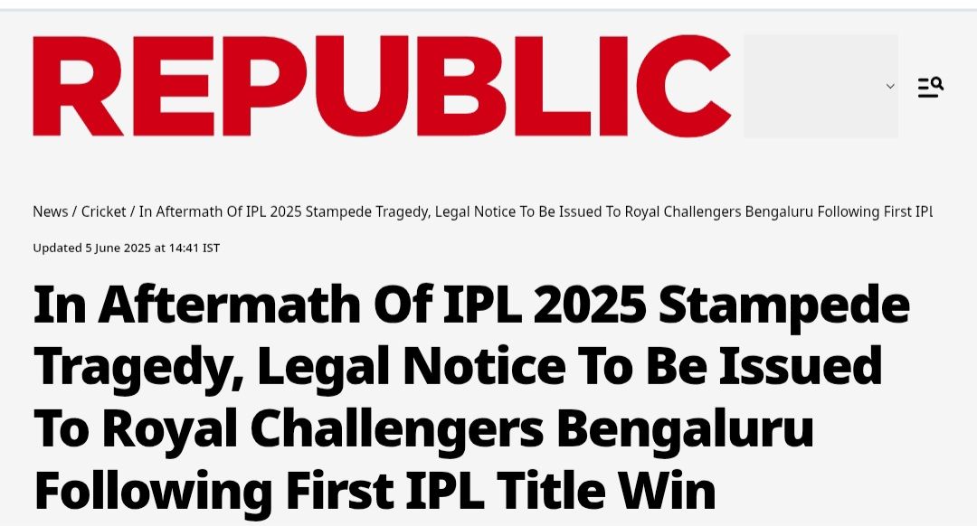 🚨 BREAKING NEWS

Legal notice to be ISSUED to Royal Challengers Bengaluru over the IPL 2025 stampede tragedy, reports Republic.

Kismat hi khrab hai 👀