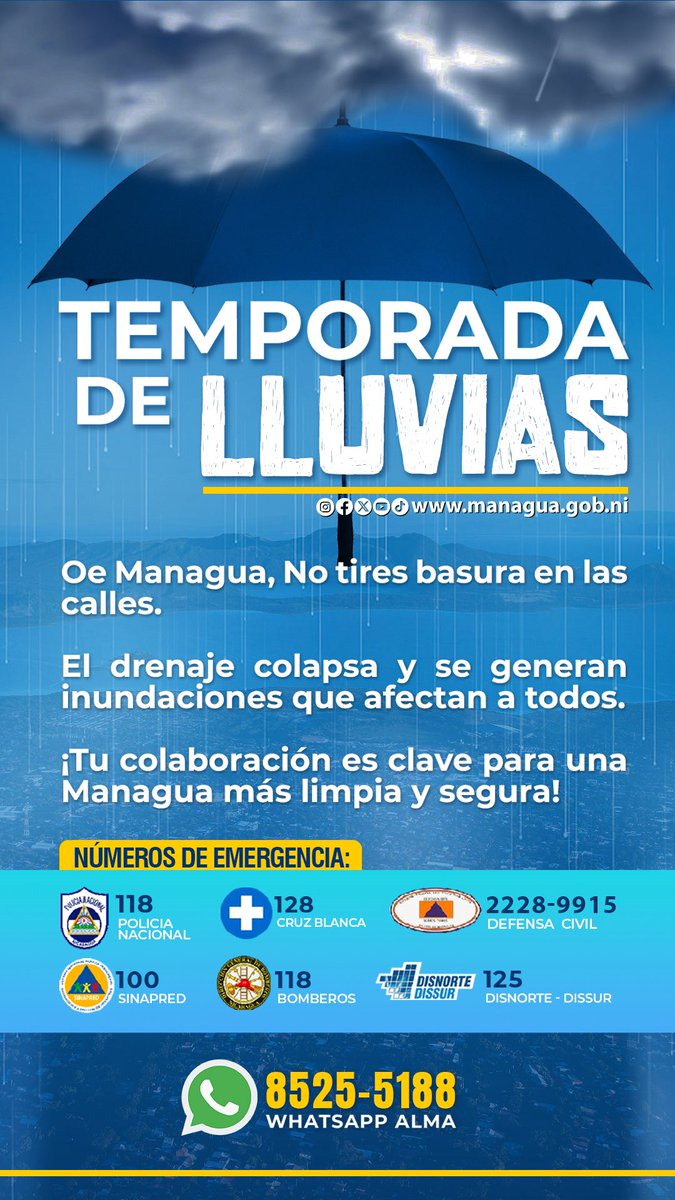 🌧️ Durante la temporada de lluvias, cuidémonos entre todos.
El colapso del drenaje provoca inundaciones que nos afectan a todos.
Tu colaboración es clave para una Managua más limpia y segura.

📲 Ante emergencias, contacta a las autoridades.
📱 WhatsApp ALMA: 8525-5188