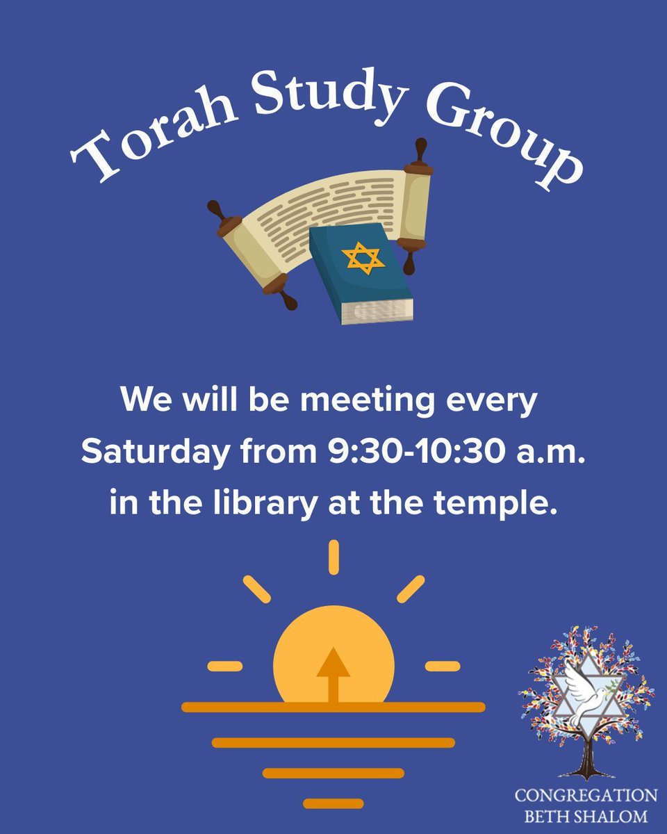 cbs_indy's tweet photo. Join our Torah Study Group every Saturday at 9:30 a.m. in the temple library. Whether you’re an experienced scholar or just curious, there’s a seat for you! Let's explore, question, and grow together.

#TorahStudy #CongregationBethShalom #ShabbatShalom https://t.co/3piEKhfsm0
