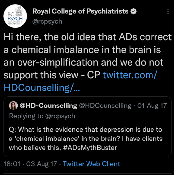 Of the many appalling effects of psychiatry’s promotion of SSRIs in the 1990s* tied to chemical imbalance shitbollocks, a less obvious one is this…

Psychiatry taught the public not only that a deficiency of serotonin causes their depression but also a broader fallacy:

-That a