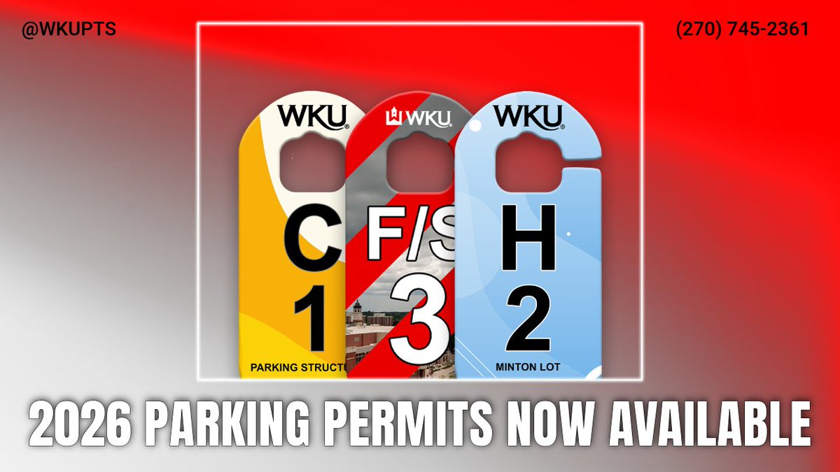 Commuter, Housing, and Faculty/Staff parking permits for 2025-2026 are available for purchase!

To get your permit:
Log into your parking account
Have your license plate number
Know your vehicle’s make &amp; model

HS  and K will be available at a later date. Stay tuned for updates!