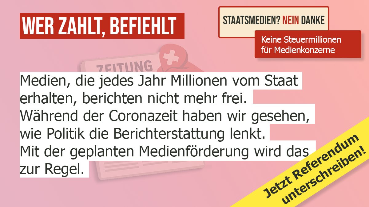 💥 Das Parlament will Milliarden an private Medien verteilen – gegen den Willen des Volkes.

2022 hat das Stimmvolk neue Mediensubventionen klar abgelehnt.
Doch das Parlament plant, die Subventionen massiv zu erhöhen – um 245 Millionen Franken.
Und das ist nur der Anfang: In den