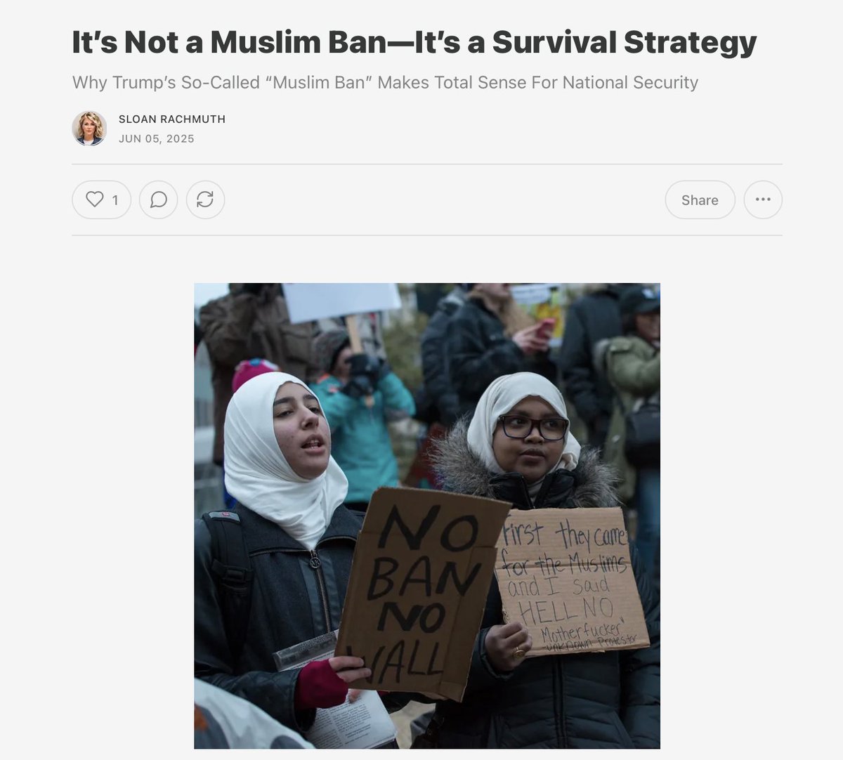 Sorry, but importing terror risks from failed states isn't compassion—it's national suicide.

‼️Read my latest on Trump's 'Muslim ban.' sloanrachmuth.substack.com/p/its-not-a-mu…
