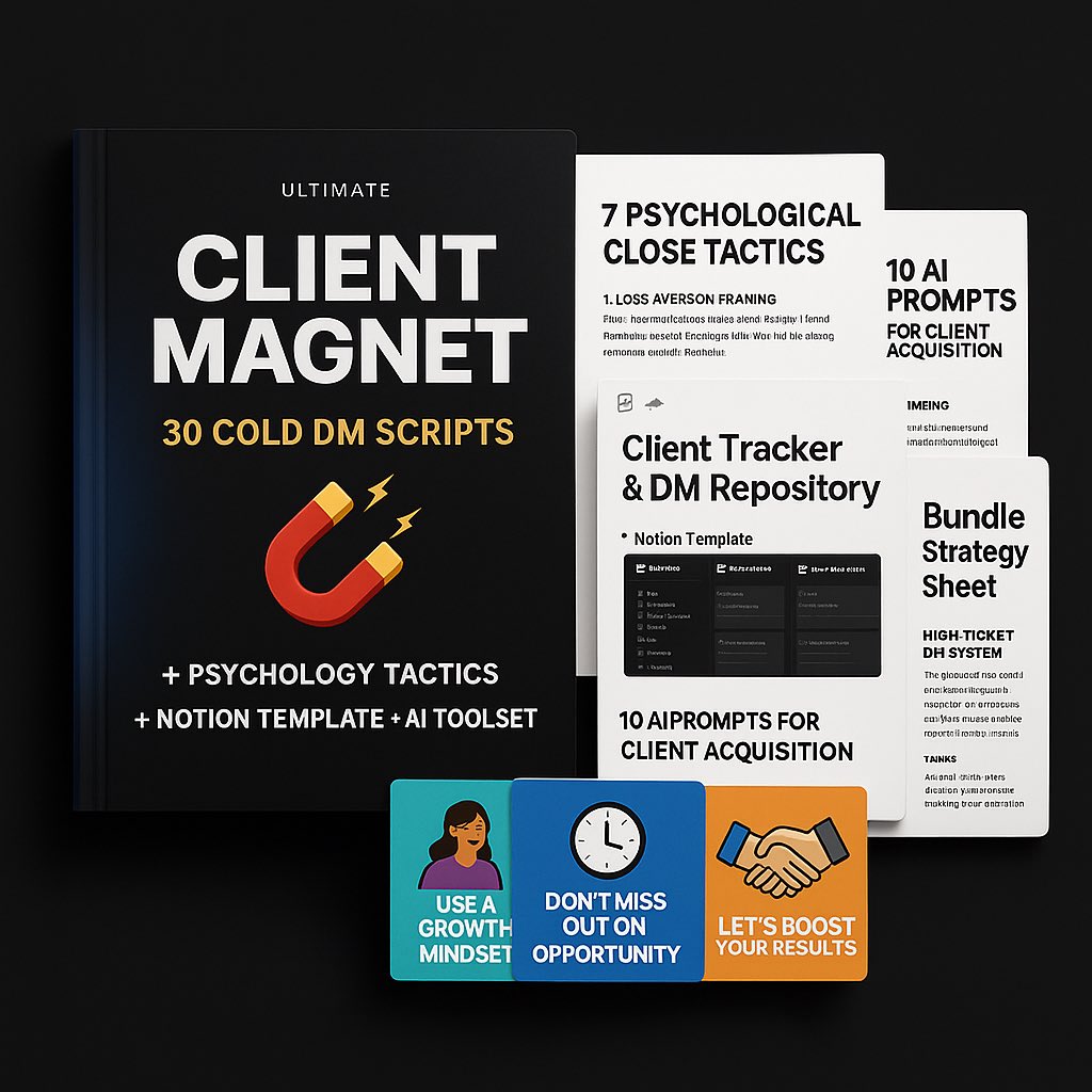 codemintai's tweet image. Most cold DMs don’t fail because of the offer.
They fail because of how they’re written.
Client Magnet gives you:
✅ 30 DM scripts
✅ Psychology-based closers
✅ Notion + AI tools
DM smarter → Close better.
🎯 codemint.gumroad.com/l/dm-system