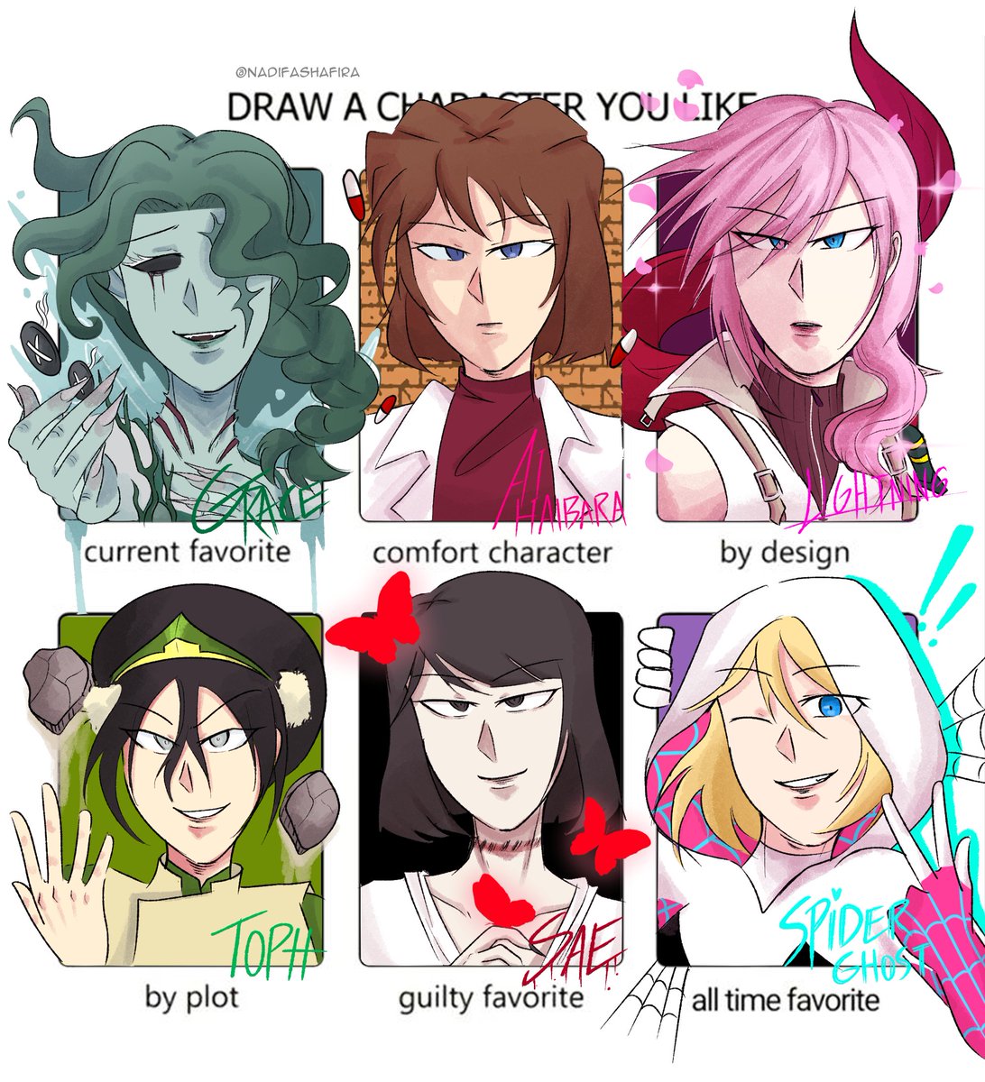 nadifashafira_'s tweet photo. dont know what to draw so heres my 6 fav characters
#artchallenge #arttemplate #artmeme #drawacharacteryoulike https://t.co/tIQOptDgnG