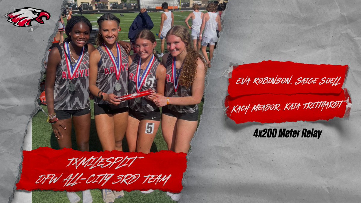 Argyle Women's XC and Track & Field (@aisdhstrackcc) on Twitter photo Congratulations to our 4x100 and 4x200 for being selected 3rd Team DFW All-City by <a href="/TXMileSplit/">Texas MileSplit</a>! <a href="/BlairMosley07/">Blair Mosley</a>, <a href="/ChelseaNwaiwu/">Chelsea Nwaiwu</a>, Saige Soell, Stella Davis, Kach Meador, Kaia Tritthardt and Eva Robinson. Congratulations to our 4x100 and 4x200 for being selected 3rd Team DFW All-City by <a href="/TXMileSplit/">Texas MileSplit</a>! <a href="/BlairMosley07/">Blair Mosley</a>, <a href="/ChelseaNwaiwu/">Chelsea Nwaiwu</a>, Saige Soell, Stella Davis, Kach Meador, Kaia Tritthardt and Eva Robinson.