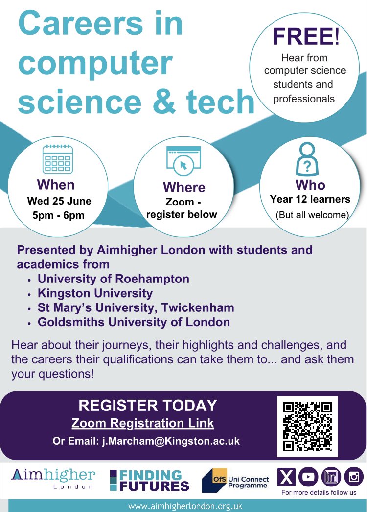 AimHigherLSouth's tweet image. Join us online for careers in computer science & tech on Wednesday, 25th June, 5pm-6pm, & bring your questions for our panel. All welcome!