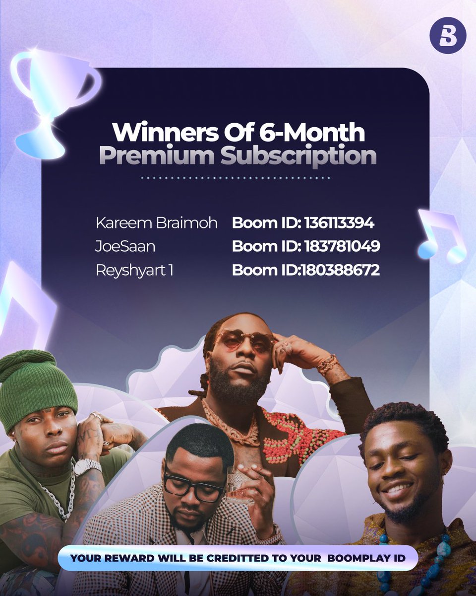 Our #NaijaPlatinumClubChallenge is over &amp; the stream frenzy was WILD! 🎧💛
Big congrats to our 10 comment winners &amp; top 3 streamers!
You’ve won FREE Boomplay subscriptions 🎉
🏆 ➡️ Swipe left to see the full list of winners!
#BoomplayPlatinumClub #BoomplayGiveaway