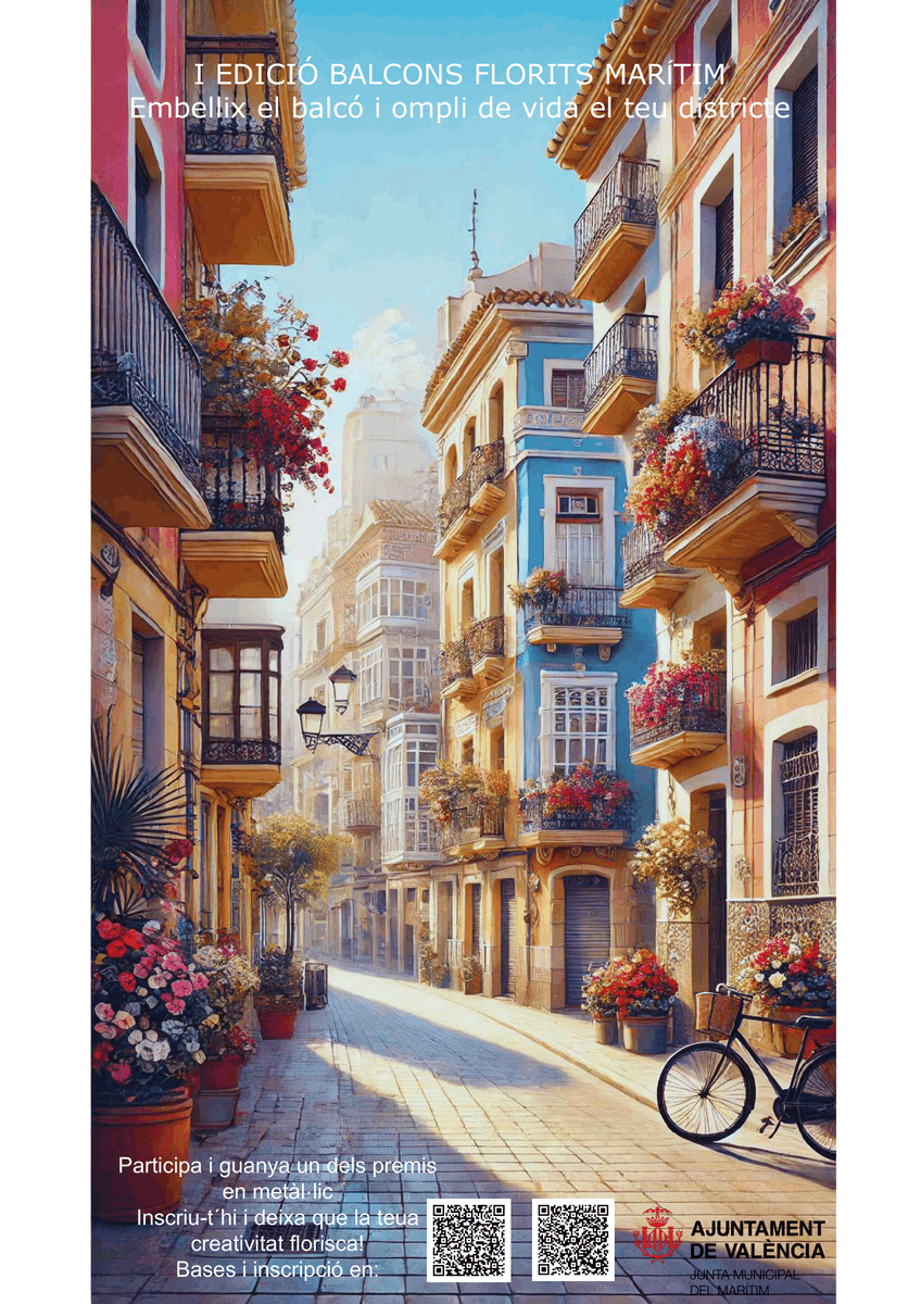 AjuntamentVLC's tweet photo. 🔛 Últims dies per a presentar-se al concurs de Balcons Florits de la JM del #Marítim
🌼 Repartim 1.100€ en premis als balcons amb més encant i color📍 dels #PoblatsMarítims, #CaminsAlGrau i #Algirós!
Si el teu fa goig, lluïx-lo!

🗓Fins al 8 de juny 

ℹ️ https://t.co/xgArpMjETg https://t.co/OugoFwlHx3