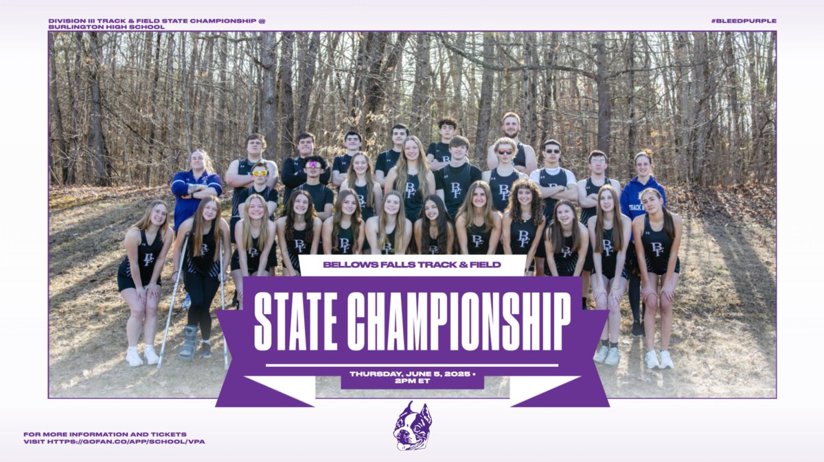 🏆 STATE CHAMPIONSHIP MEETDAY 🏆

It all comes down to this! Our Bellows Falls Track &amp; Field team is headed to Burlington High School today to compete in the VPA Division III State Championships!

🕑 Events begin at 2:00 PM

#BleedPurple