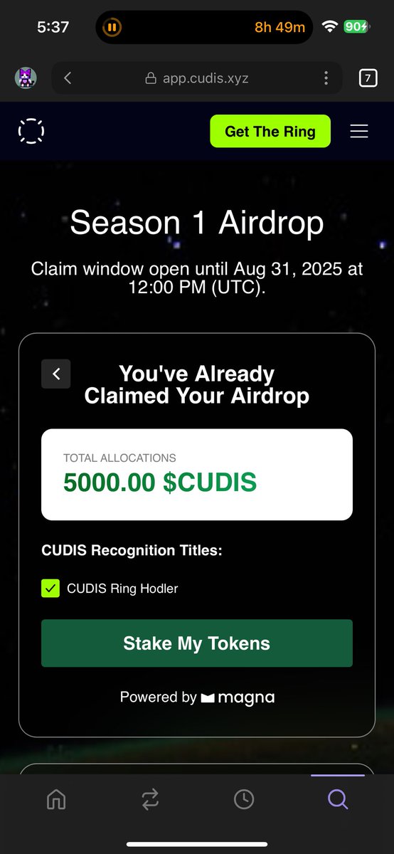 #CUDIS

エアドロもらいました。順位は200位位でした。リング代、NFTのデータ化代を引いても、原始(1.5SOL)回収完了です🫡