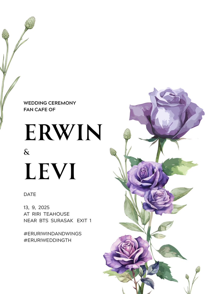 ขอเชิญทุกคนร่วมแสดงความยินดี

Erwin Smith 💍 Levi Ackerman

🗓 วันเสาร์ที่ 13 กันยายน 2568
🕚 11:00 น. เป็นต้นไป
📍 RiRi Teahouse BKK
🚅 BTS สุรศักดิ์ ทางออก 1

ขอขอบคุณจากใจ,
E+L

ติดตามรายละเอียดเพิ่มเติมได้ทาง <a href="/aotth03/">เอรุริลมใต้ปีกคาเฟ่</a>
#eruriwindandwings #eruriweddingth
