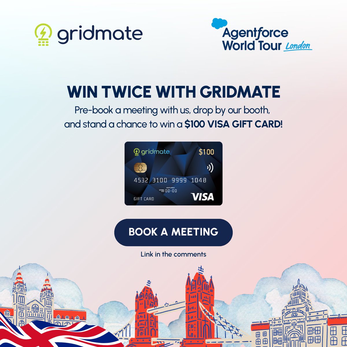 The GridMate experience is already a win. But why not make it two?

Pre-book a 1:1 with us, drop by Booth #214 at Agentforce World Tour London, and you’ll be in the running to win a $100 VISA gift card.

Less clicking, more doing - and maybe a little something extra to sweeten