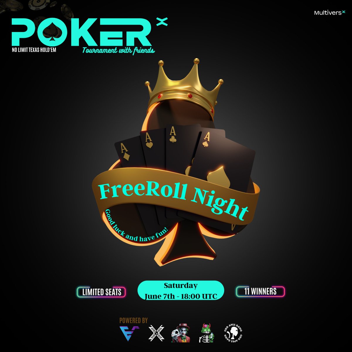 E.V Cyborgs (@evcyborgs) on Twitter photo 🃏 Freeroll #Poker Tournament with FRIENDS 🫂
<a href="/PulsarMvX/">Pulsar MVX</a> send 150 UNITYX to 150 reactions
🗓️ Saturday - June 7, 2025 - 18:00 UTC
⬇️ PRIZES IN THE POOL ⬇️
🎁 E.V Cyborgs #4042
🎁 OddApesGang #80
🎁 Evolved Odd Apes Gang #3319
🎁 Roma Tickets: Luxury Edition
🎁 2000 $UTX
🎁 🃏 Freeroll #Poker Tournament with FRIENDS 🫂
<a href="/PulsarMvX/">Pulsar MVX</a> send 150 UNITYX to 150 reactions
🗓️ Saturday - June 7, 2025 - 18:00 UTC
⬇️ PRIZES IN THE POOL ⬇️
🎁 E.V Cyborgs #4042
🎁 OddApesGang #80
🎁 Evolved Odd Apes Gang #3319
🎁 Roma Tickets: Luxury Edition
🎁 2000 $UTX
🎁