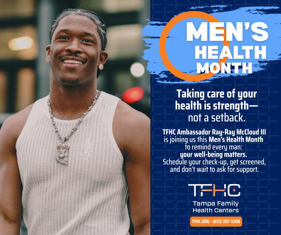 Tampa Family Health Centers (@tampafamhealth) on Twitter photo #TFHC Ambassador <a href="/RMIII_34/">RayRay McCloud III</a> is back for Men’s Health Month! 🏈
Fellas—your well-being matters.
✅ Schedule your check-up
✅ Get screened
✅ Ask for support
Don’t sit on the sidelines—make your health a priority.
📅 TFHC.org | 📸: Melinda Morales
#MensHealthMonth #TFHC Ambassador <a href="/RMIII_34/">RayRay McCloud III</a> is back for Men’s Health Month! 🏈
Fellas—your well-being matters.
✅ Schedule your check-up
✅ Get screened
✅ Ask for support
Don’t sit on the sidelines—make your health a priority.
📅 TFHC.org | 📸: Melinda Morales
#MensHealthMonth