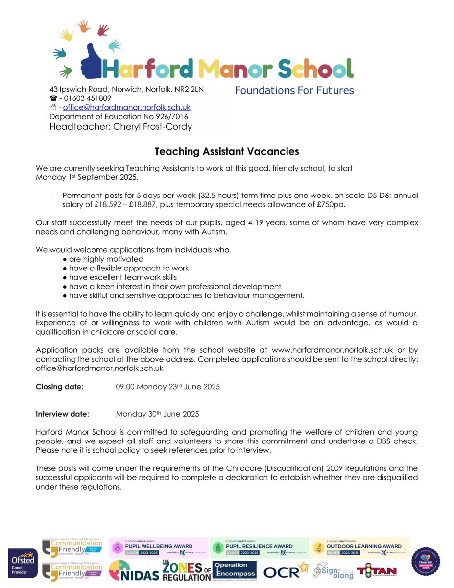Harford Manor School (@harford_manor) on Twitter photo We are currently seeking Teaching Assistants to work at this good, friendly school, to start:
Monday 1st September 2025.
Please contact the school office on:
Telephone - 01603 451809
email - office@harfordmanor.norfolk.sch.uk We are currently seeking Teaching Assistants to work at this good, friendly school, to start:
Monday 1st September 2025.
Please contact the school office on:
Telephone - 01603 451809
email - office@harfordmanor.norfolk.sch.uk