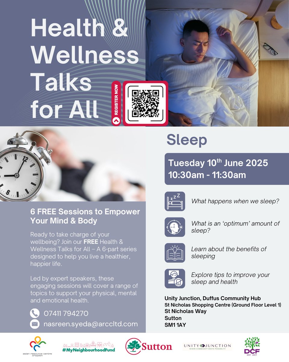 🍎 Health &amp; Wellness Talk: 🗣️
🛌🏽 Sleep

💤 What happens when we sleep?
⏰ What is an ‘optimum’ amount of sleep?
👌🏼 Benefits of sleeping
📝 Tips to improve your sleep and health

🗓️ Tue 10th June 25
🕥 10:30am - 11:30am

📍 Unity Junction
<a href="/DuffusCF/">Duffus Community Foundation</a> 
St Nicholas Shopping Centre