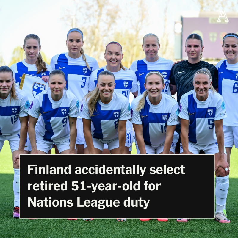 TheAthleticFC's tweet photo. Finland accidentally selected a former player for their Nations League game against Serbia.

Naane Ruuskanen was unable to play after 51-year-old Stina Ruuskanen’s name - who last played for Finland 29 years ago - was entered into UEFA’s system instead.

✍️ @JessMCHopkins
