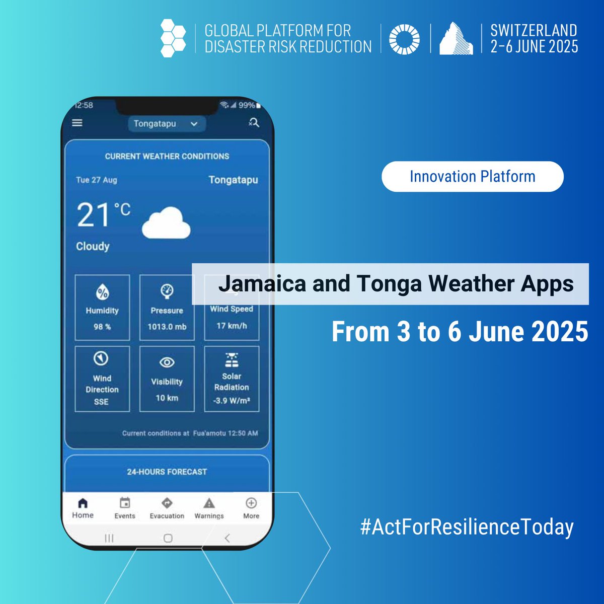 Resurgence_io's tweet image. Great to see the Jamaica Weather App featured at #GPDRR2025! Built with the BReTCAT project and our DARAJA model, itโs helping communities stay #AlertAndReady for extreme weather. Proud to support #EarlyWarningsForAll with CREWS Initiative. ๐ฆ๏ธ๐ฑ #ClimateResilience