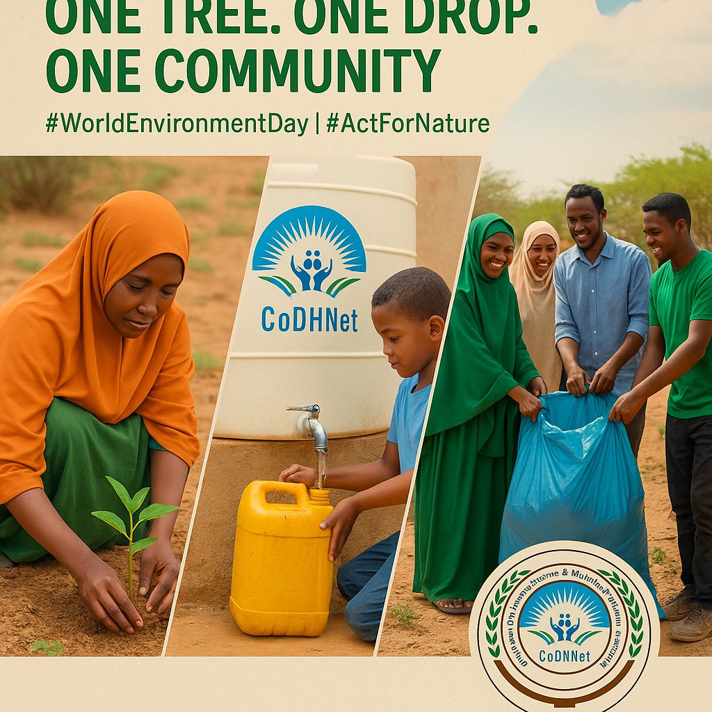 CODHNET's tweet image. On #WorldEnvironmentDay, CoDHNet celebrates local action for global impact. 🌍
🌳 One Tree
💧 One Drop
🤝 One Community
Together, we #ActForNature every day.
📍 Somalia | #ClimateAction #EnvironmentalJustice