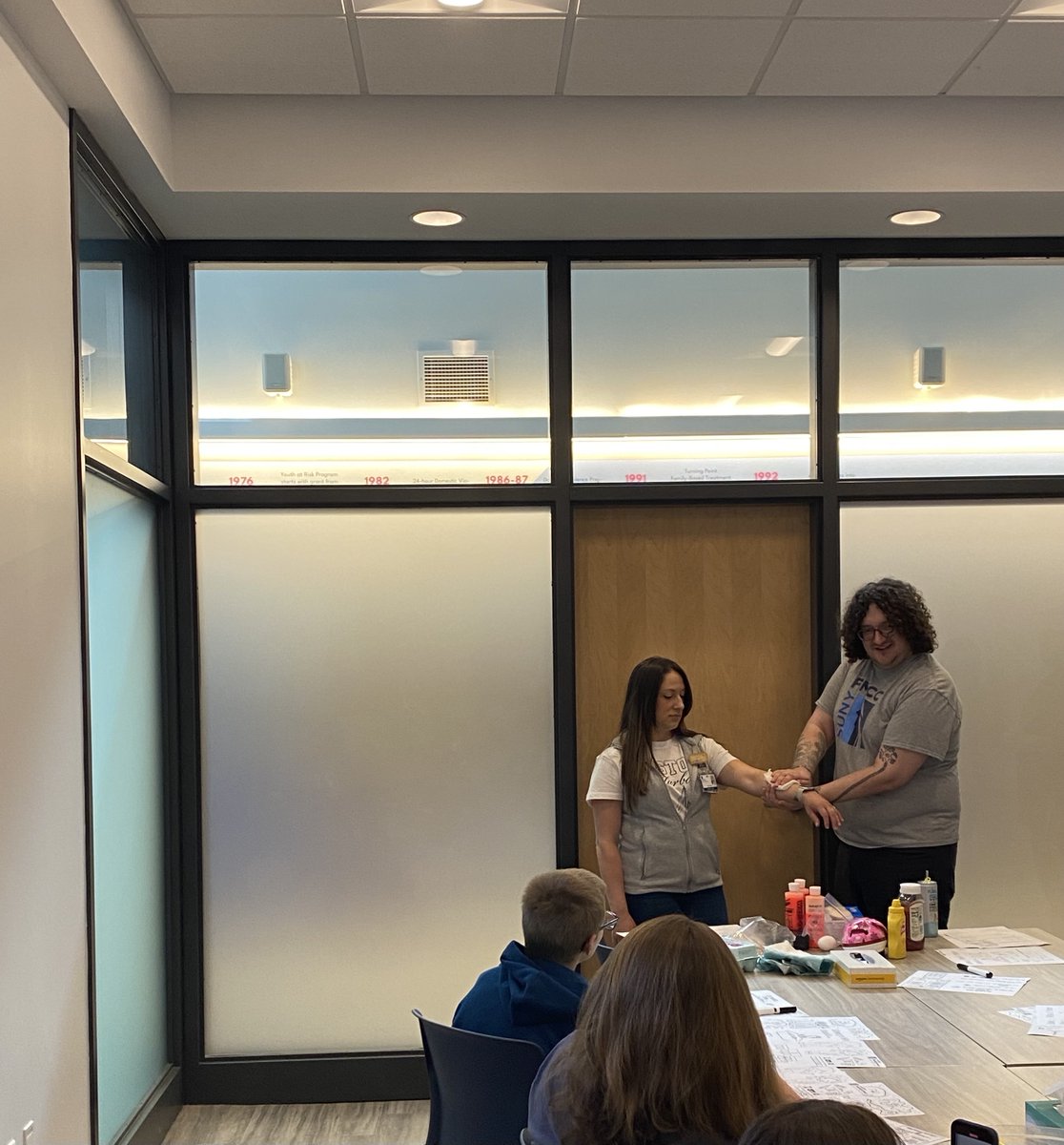 #SUNYFMCC nursing students accompanied their instructors to the family counseling center to teach basic first aid to local children. The kids learned about many topics, built their own first aid kits, and are now better prepared to keep themselves &amp; others safe this summer!