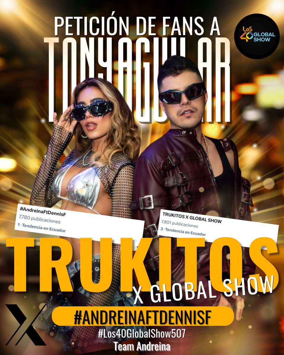 MICAELA 💜 CLAN ANDREINA 💜 tRuKiToS 🪄💚 (@clanandreina) on Twitter photo Hola Tío <a href="/TonyAguilarOfi/">Tony Aguilar</a> me gustaría esta semana escuchar en el segmento Global Fan #40GlobalShow507 a nuestra princesa <a href="/andreinabravo11/">AndreinaBravoJ</a> junto a <a href="/DennisFernandoC/">Dennis Fernando</a> con su tema #Trukitos
TRUKITOS X GLOBAL SHOW
#AndreinaFtDennisF
Hilo de peticiones, dejemos 200 comentarios 👇🏻 Hola Tío <a href="/TonyAguilarOfi/">Tony Aguilar</a> me gustaría esta semana escuchar en el segmento Global Fan #40GlobalShow507 a nuestra princesa <a href="/andreinabravo11/">AndreinaBravoJ</a> junto a <a href="/DennisFernandoC/">Dennis Fernando</a> con su tema #Trukitos
TRUKITOS X GLOBAL SHOW
#AndreinaFtDennisF
Hilo de peticiones, dejemos 200 comentarios 👇🏻