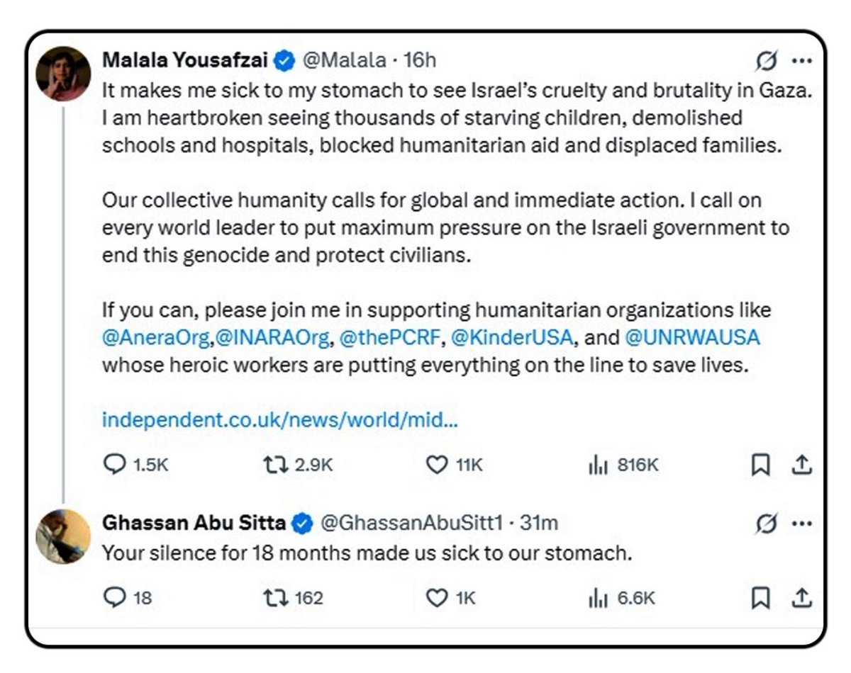 Ghassan Abu Sittah - renowned Palestinian surgeon slammed Malala for her silence on Gaza for over 18 months .