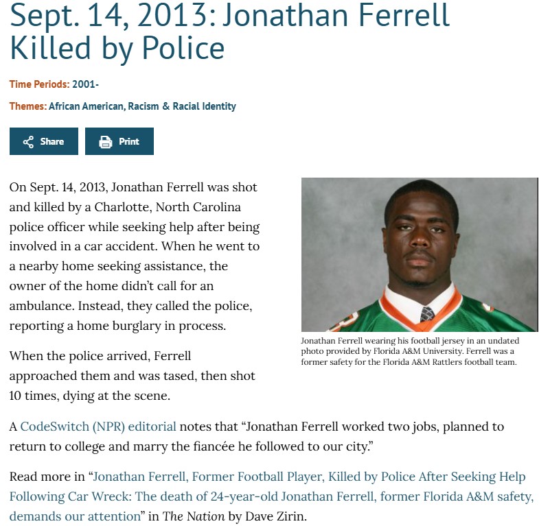 saynames2013's tweet photo. On 9/14/13, Jonathan Ferrell, 24, was killed by police in Charlotte, NC, after a car crash. Unarmed, he was shot 12 times by Officer Kerrick. #SayTheirNames #JonathanFerrell https://t.co/Rj6DDg3rrO