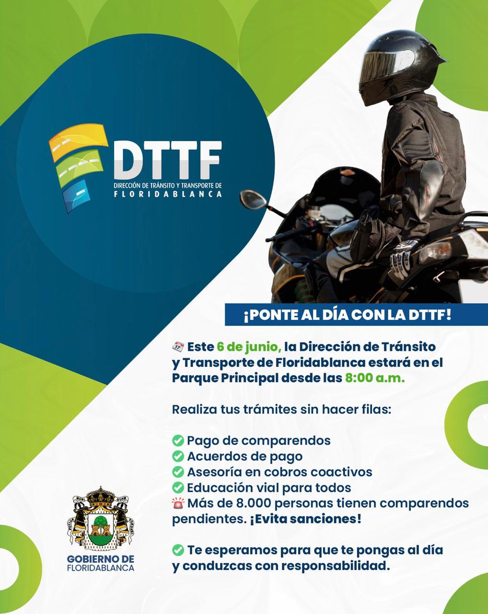 ¡PONTE AL DÍA CON LA DTTF!
Este viernes, 6 de junio, desde las 8a.m., estaremos en el Parque Principal de Floridablanca.
Te ayudamos a resolver dudas sobre cobros coactivos, acordar pagos y cancelar comparendos. También tendremos campañas de cultura ciudadana y pedagogía vial.